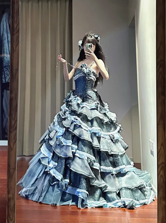Shiny Strapless Tulle Satin Beaded Ball Gown Blue Layered Sweet 16 Dress Quinceanera Dress D1698