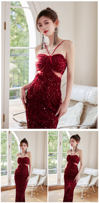 Glitter Blue Sequin Mermaid Long Wedding Guest Dress Formal Evening Dress Party Gown D2440