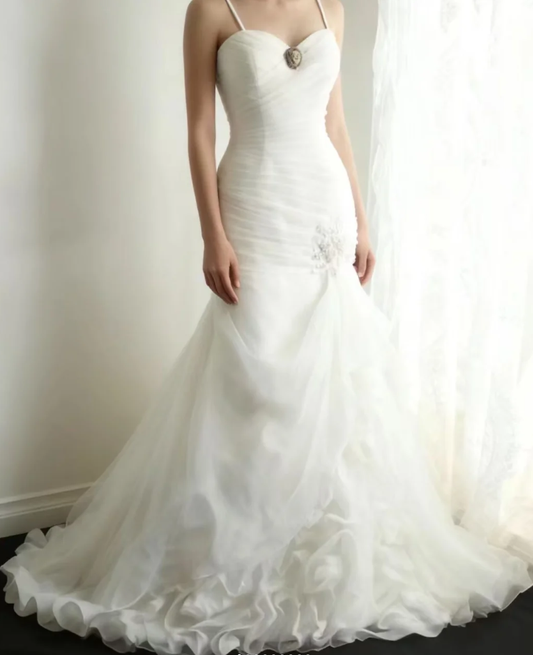 Charming Spaghetti Straps White Irregular Satin Organza Mermaid Princess Wedding Dress Long Bridal Gowns D2318