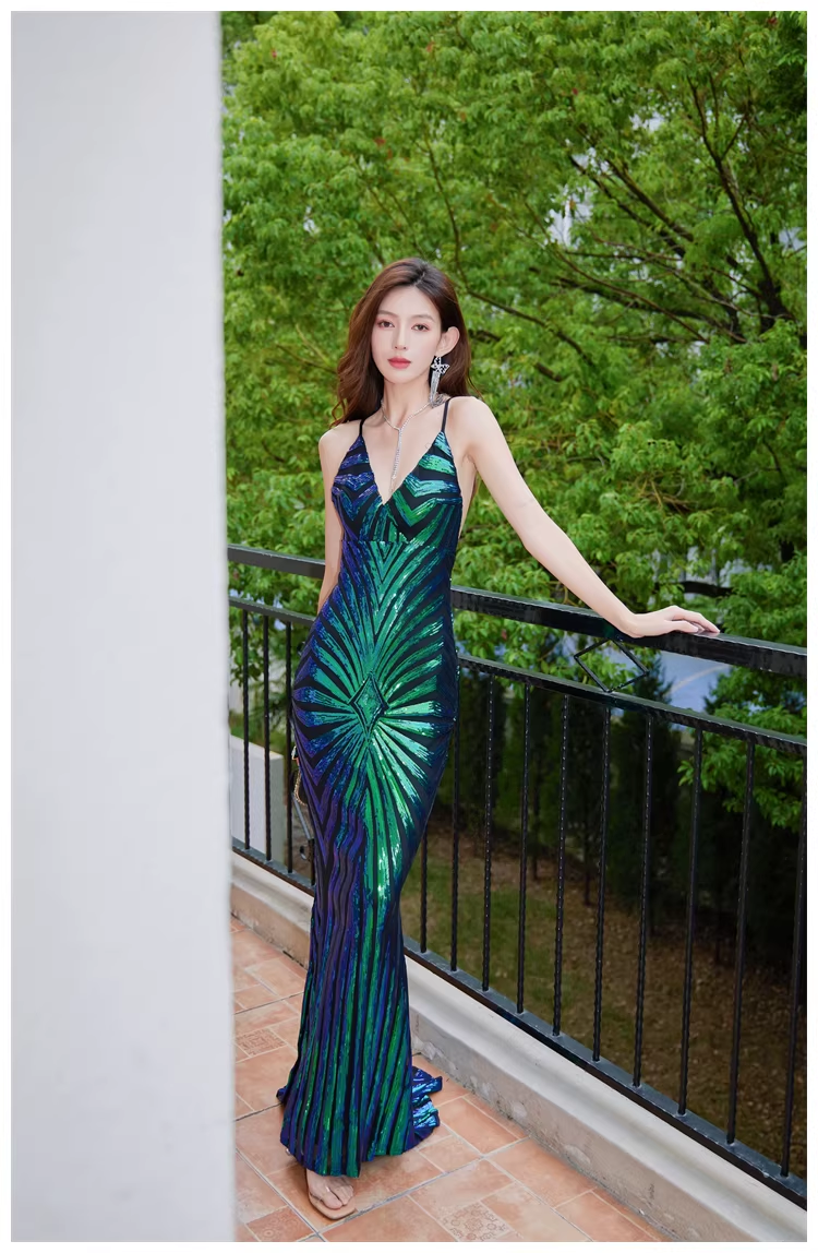 Vintage Green Spaghetti Straps Sequin Mermaid Long Evening Dress Birthday Dress D2447