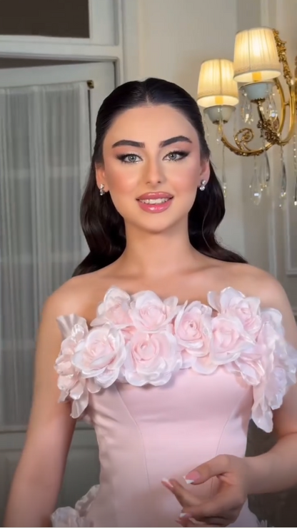 Elegant Pink Strapless 3D Floral Tulle Long Party Dress Evening Dress D3737