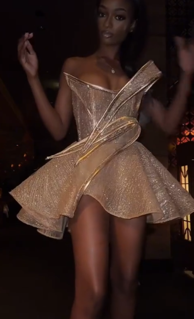 Gorgeous Strapless Rose Gold Organza Sequin A Line Short Prom Dress Short Homecoming Dress Birthday Outfits D174