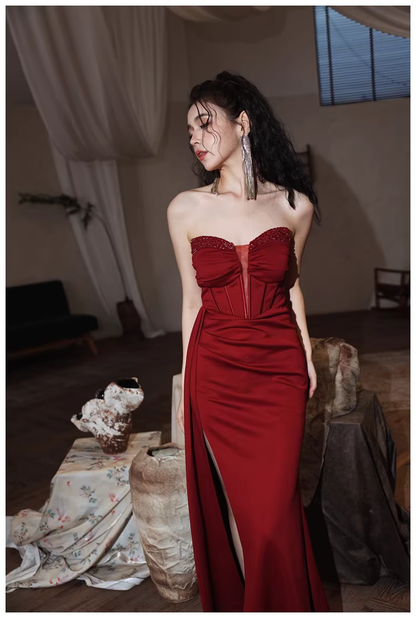 Sexy Burgundy Strapless Satin Pleated Slit Long Evening Dress Formal Wedding Guest Dress D2441