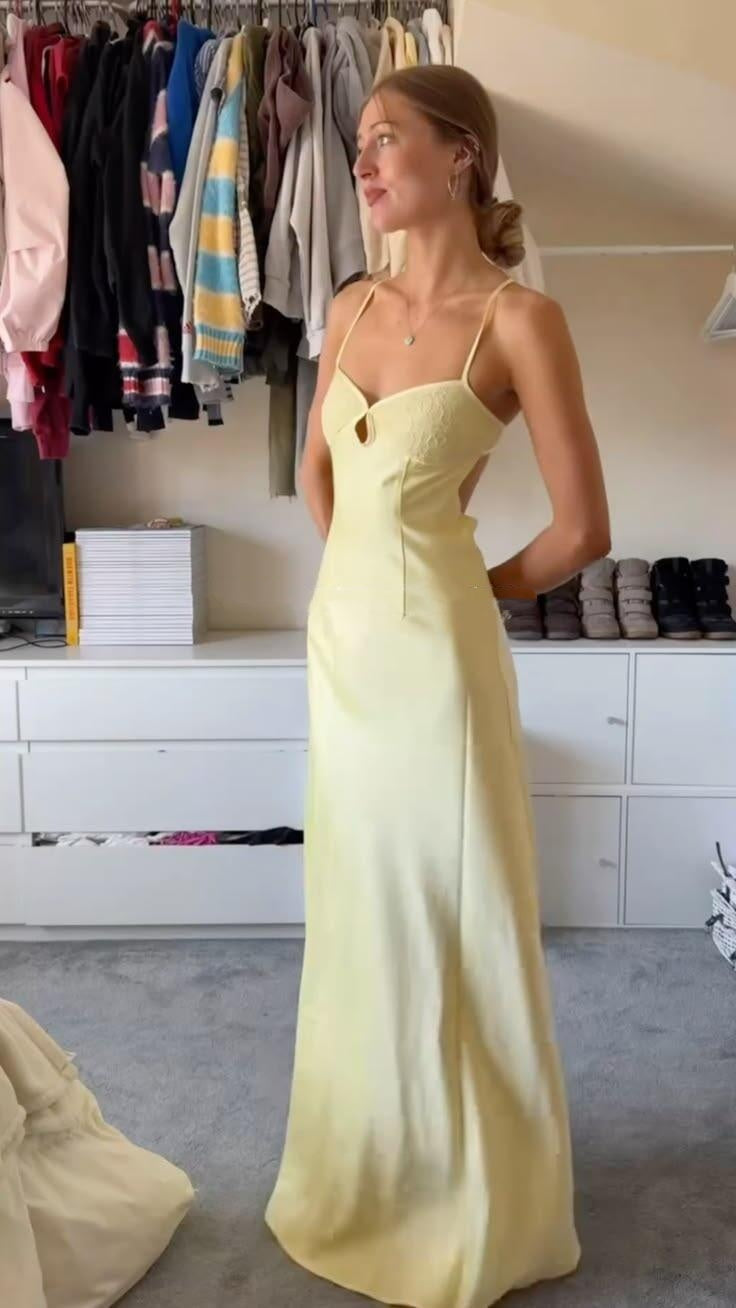 Pretty Spaghetti Straps Yellow Satin Long Evening Dress Birthday Party Dress D5311