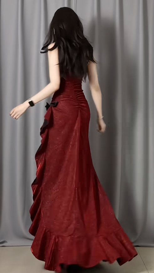 Shiny Spaghetti Straps Burgundy Satin Sequin Ruffles Slit Mermaid Long Party Dress Evening Dress Dress D2487