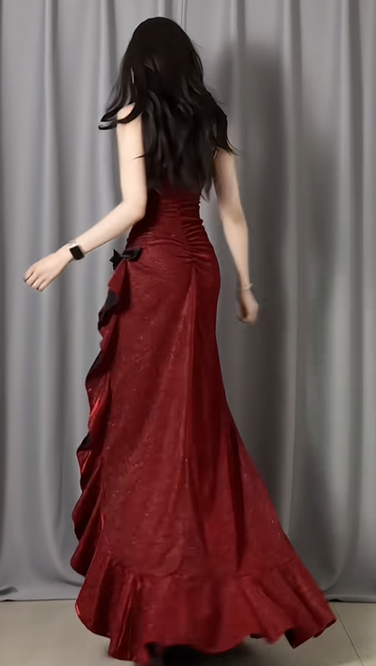 Shiny Spaghetti Straps Burgundy Satin Sequin Ruffles Slit Mermaid Long Party Dress Evening Dress Dress D2487