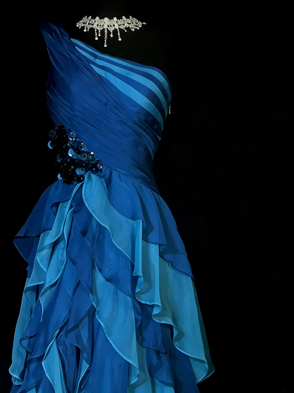 Vintage One Shoulder Chiffon Blue 1950s With Layers Long Prom Dresses Party Dress D4272