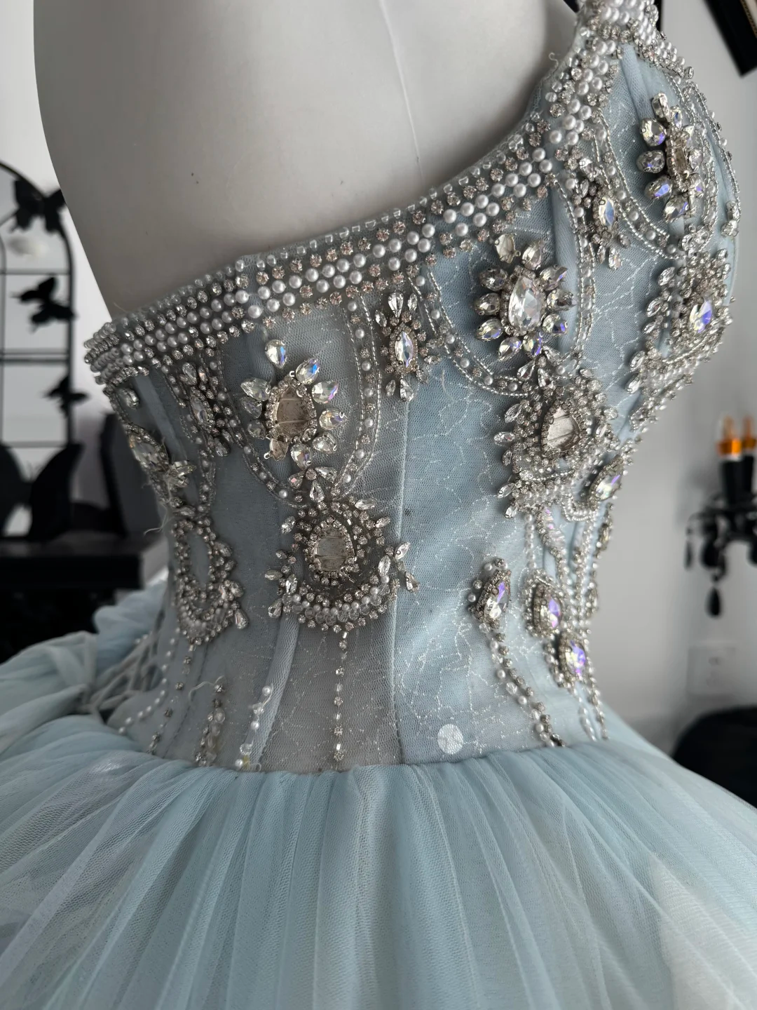 Elegant Strapless Blue Tulle Pleated Beaded Long Birthday Quinceanera Dress Sweet 15 Dress D4715