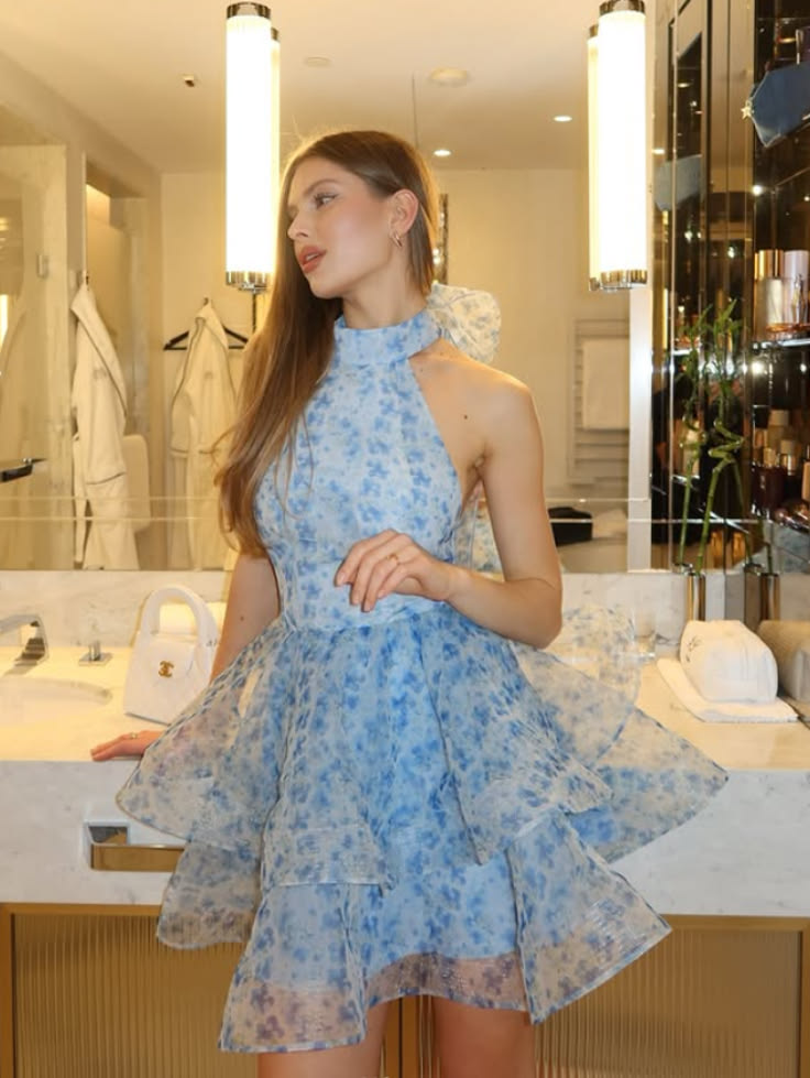 Elegant Blue Halter Organza A Line Short Homecoming Dress Cocktail Dress D3526