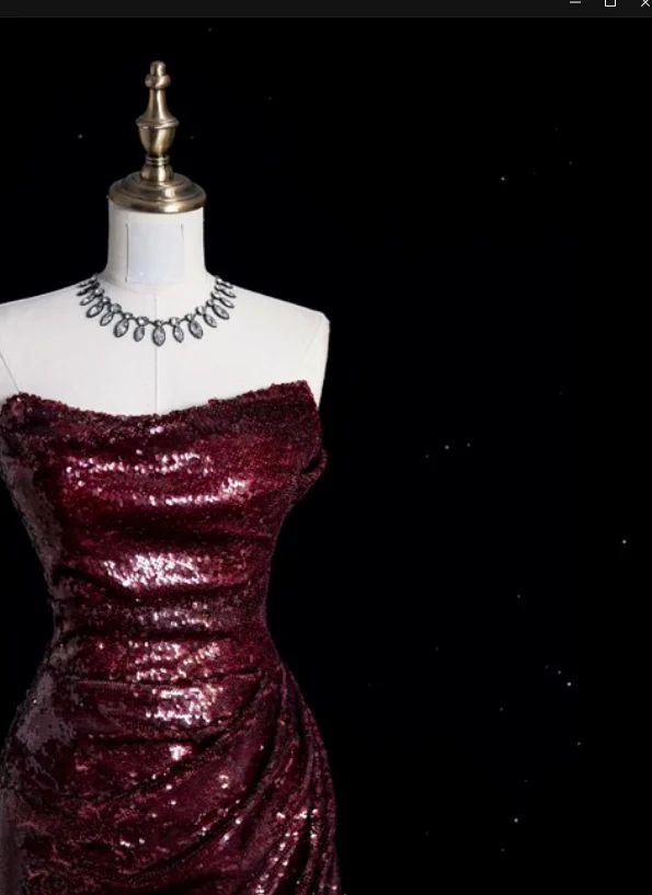 Sparkly Strapless Sheath Sequin Slit Long Wedding Guest Dress Burgundy Long Party Dress Evening Gown D4898