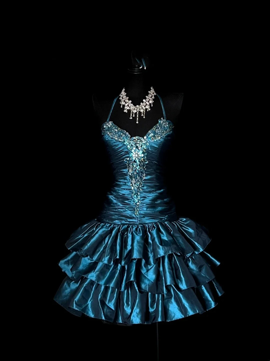 Vintage Peacock Blue Halter Short Birthday Dress Homecoming Dresses D4275