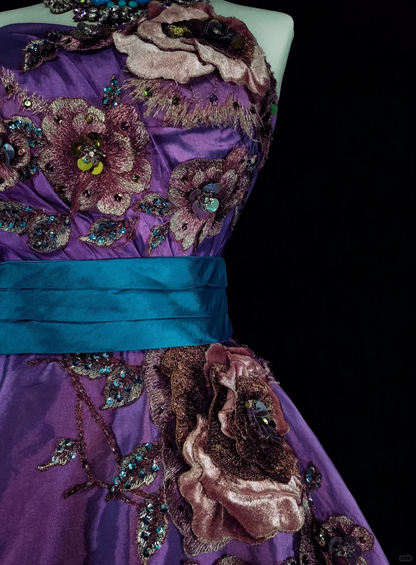 Retro Purple Satin Embroidery Floral A Line Short 16th Birthday Outfits,Strapless Short Homecoming Dress D4058