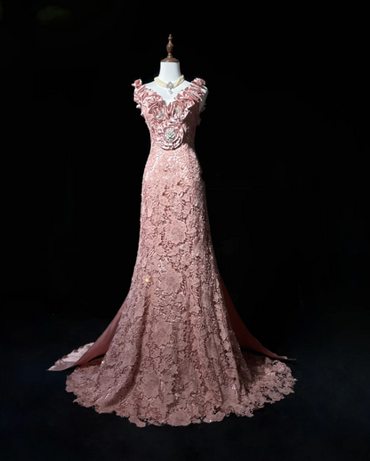Pretty Pink V Neck Lace Mermaid Birthday Prom Dress Long evening Dress Party Gown D2063