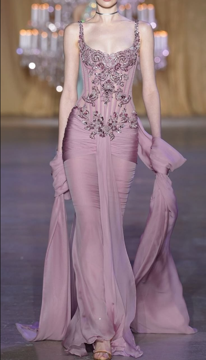 Pretty Spaghetti Straps Pink Chiffon Pleated Beaded Mermaid Long Prom Dress Birthday Party Dress D4805