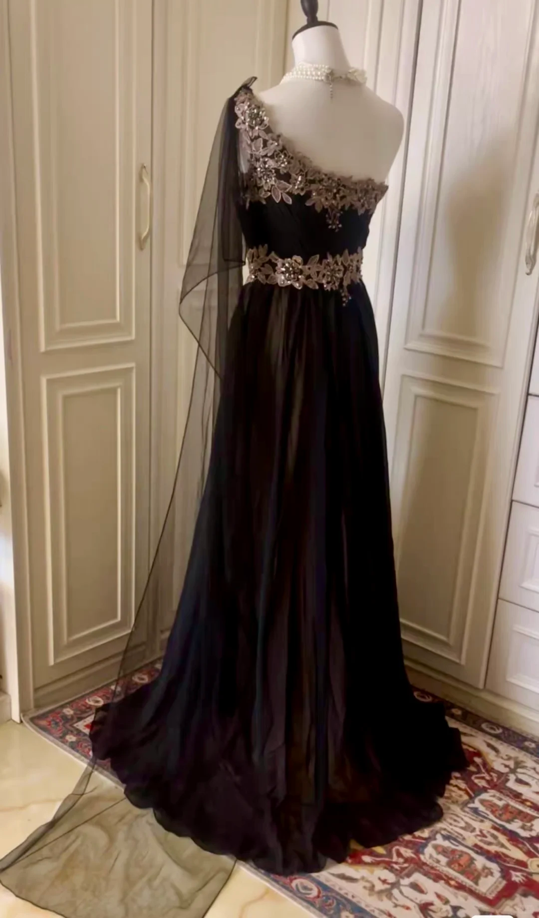 Vintage Black Tulle Appliques Beaded Mermaid Evening Dress,One Shoulder Long Wedding Guest Dress D3092