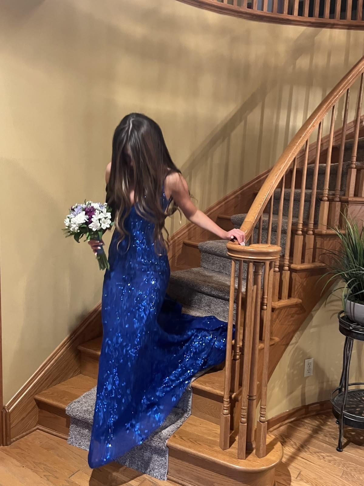 Sexy Spaghetti Strap Tulle Sequin Mermaid Long Party Dress Royal Blue Evening Dress D5174