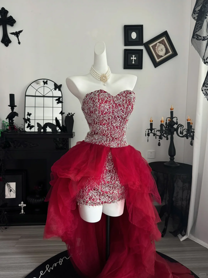 Unique Burgundy Strapless Satin Tulle Ruffles Prom Dress Evening Dress D3723