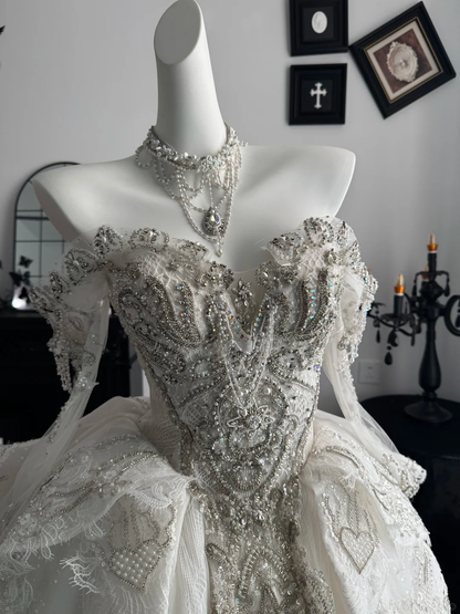 Pretty White Tulle Beaded A Line Short Homecoming Dress,Off The Shoulder Short Party Dress D3715