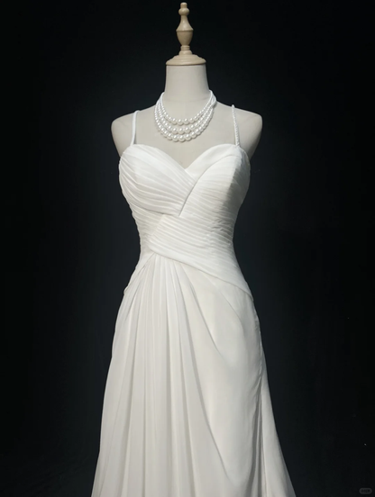 Gorgeous Spaghetti Straps White Chiffon Pleated Mermaid Long Party Dress Evening Dress D5079
