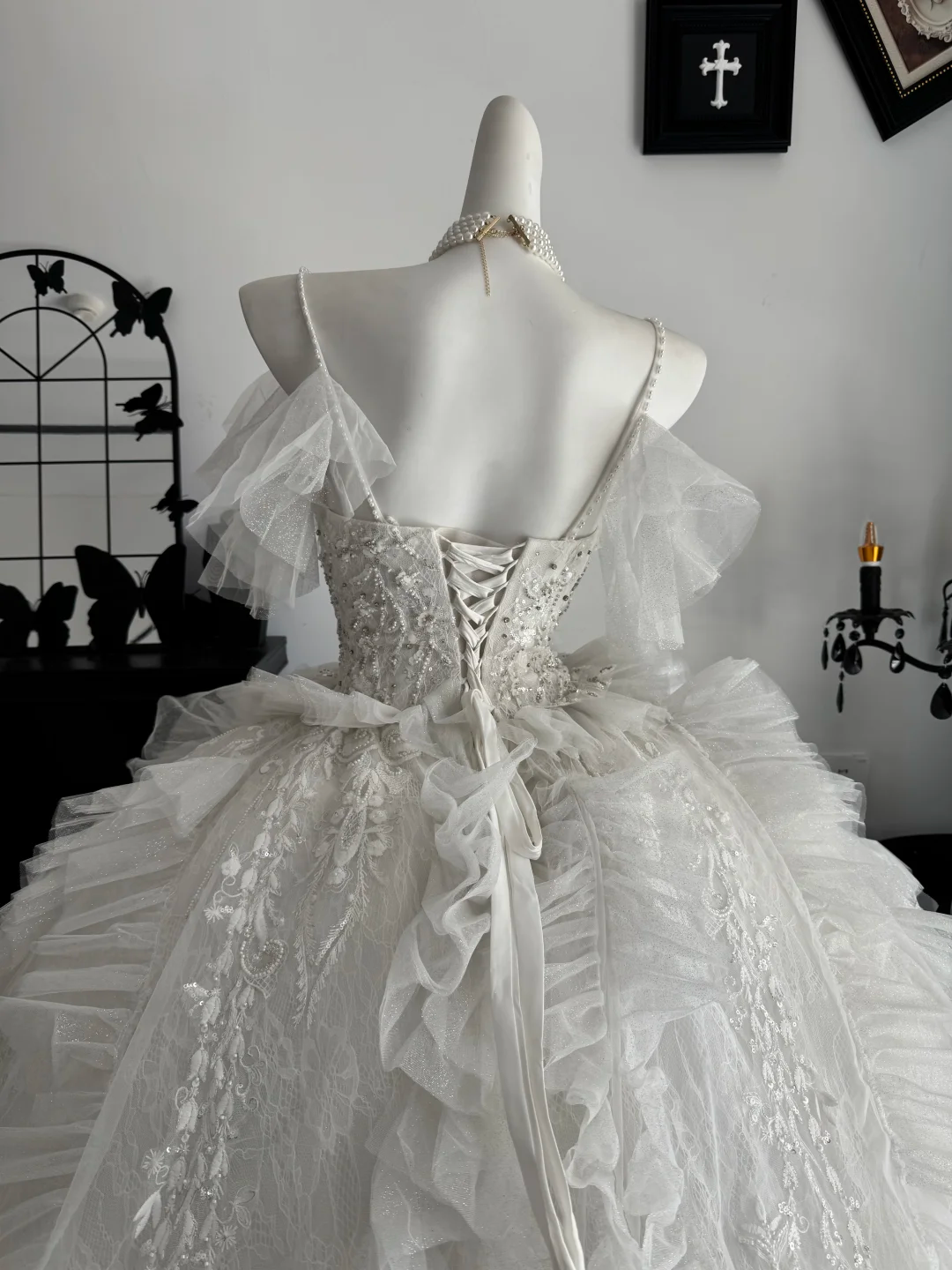 Fairy Spaghetti Straps White Tulle Ruffle Beaded Long Wedding Dress Bridal Dress D3696