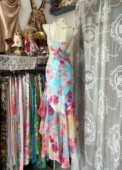 Unique Spaghetti Straps Chiffon Print Floral Ruffles Mermaid Evening Dress Long Birthday Prom Dress D1519