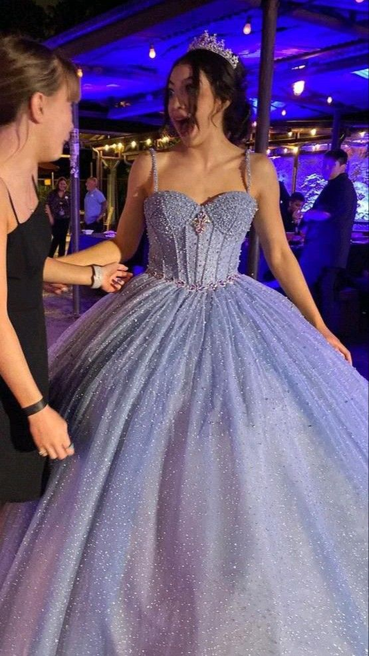 Shiny Spaghetti Straps Blue Tulle Sequin Beaded Formal Quinceanera Dress Sweet 16 Dress D1052