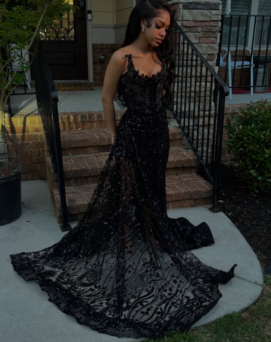 Gorgeous Black Lace Beaded Mermaid Slit Evening Dress Prom Gown S202