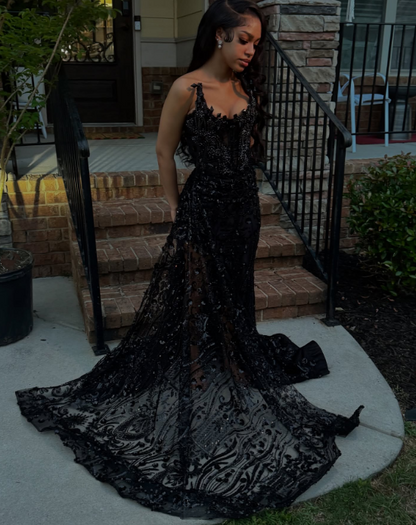 Gorgeous Black Lace Beaded Mermaid Slit Evening Dress Prom Gown S202