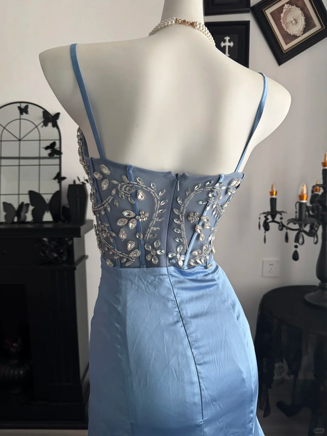 Elegant Spaghetti Straps Blue Satin Beaded Mermaid Evening Dress Long Party Gown D3703