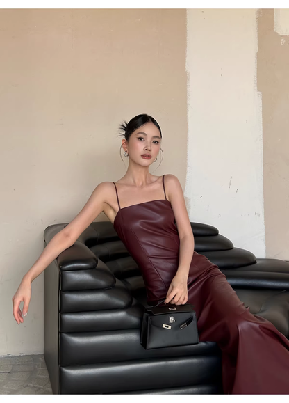 Fashion Spaghetti Straps Burgundy Sheath Long Party Dress Birthday Evening Dress D2124