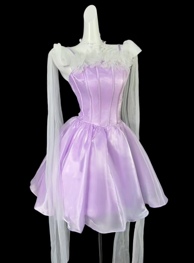 Classy Spaghetti Straps Purple Satin Tulle A Line Short 6th Homecoming Dress Birthday Dress D4159
