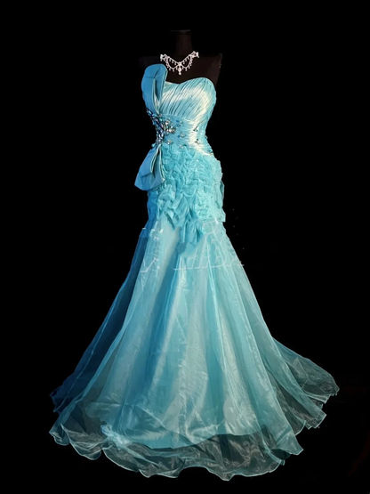 Elegant Sweetheart Blue Organza Mermaid Long Prom Dresses 18th Birthday Party Dress D4464