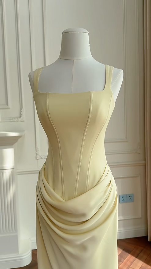Classy Yellow Satin Mermaid Long Wedding Guest Dress Formal Party Dress D2948