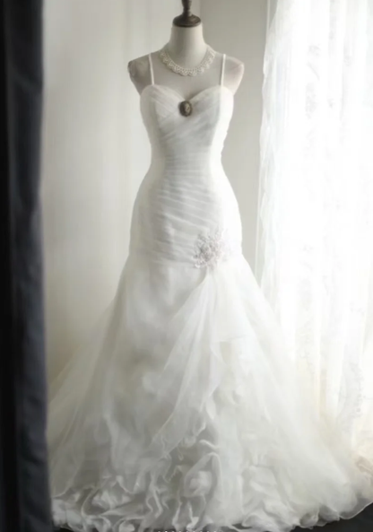 Charming Spaghetti Straps White Irregular Satin Organza Mermaid Princess Wedding Dress Long Bridal Gowns D2318