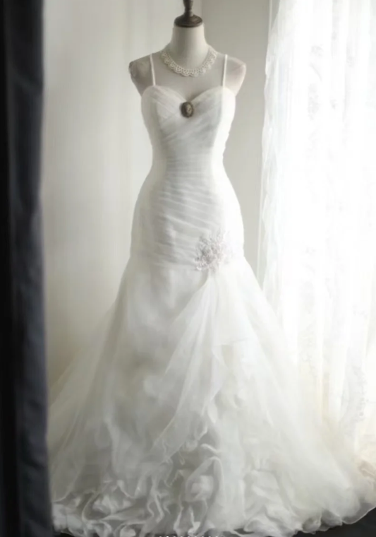 Charming Spaghetti Straps White Irregular Satin Organza Mermaid Princess Wedding Dress Long Bridal Gowns D2318