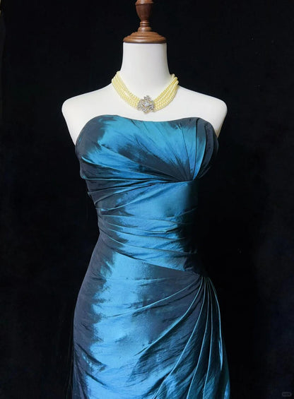 Simple Blue Satin Pleated Short 7th Grade Homecoming Dress,Strapless Sheath Mini Birthday Outfits D3375