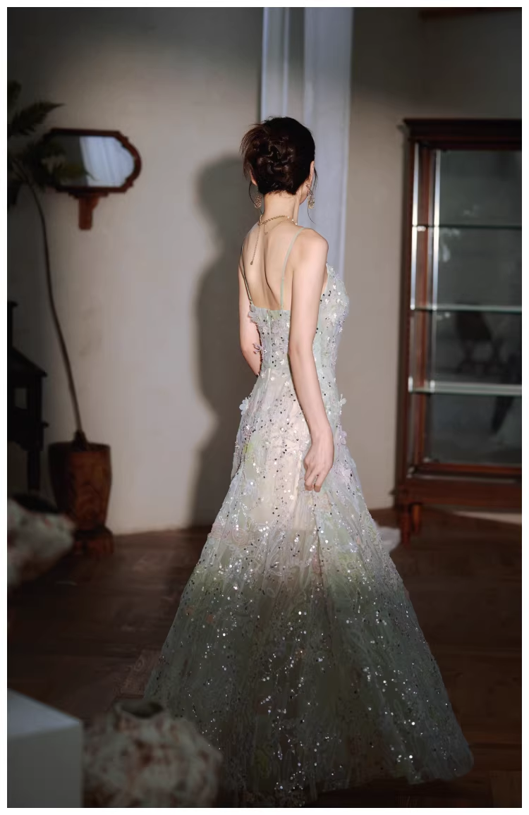Pretty Spaghetti Straps Green Tulle Appliques A Line Long Birthday Prom Dress Evening Dress D2434