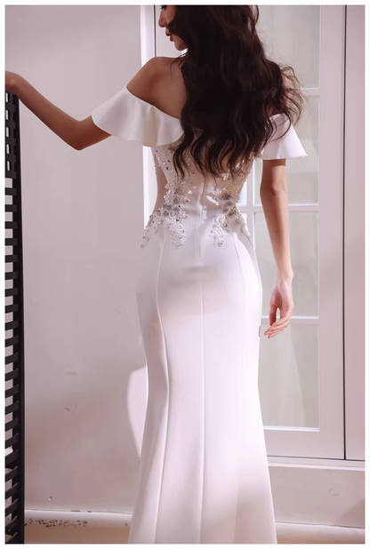 Elegant Off The Shoulder White Satin Appliques Mermaid Evening Dress Long Wedding Guest Dress D2430