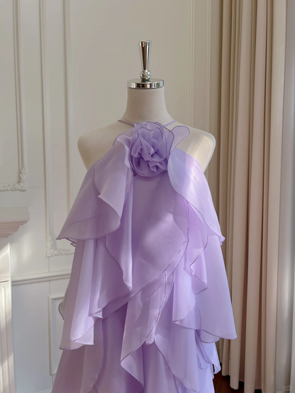 Glamorous Halter Chiffon Ruffle Layered Long Party Dress,Lavender Evening Gown D2994