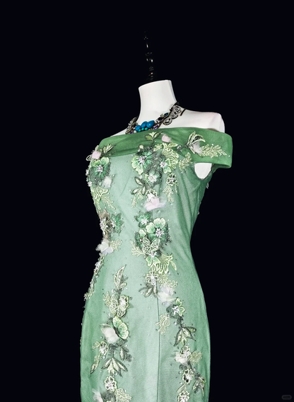 Charming Off The Shoulder Satin Tulle Appliqued Long Prom Dress Green Mermaid Evening Dress D5382