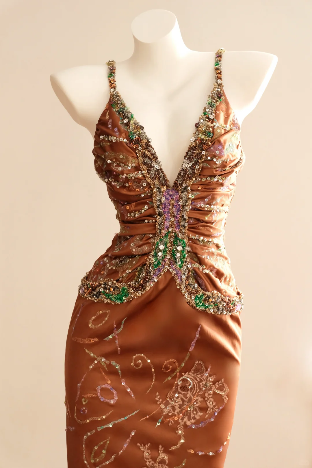 Gorgeous Spaghetti Straps Satin Sequin Beaded Midi Party Gown,Vintage Prom Dress D2730