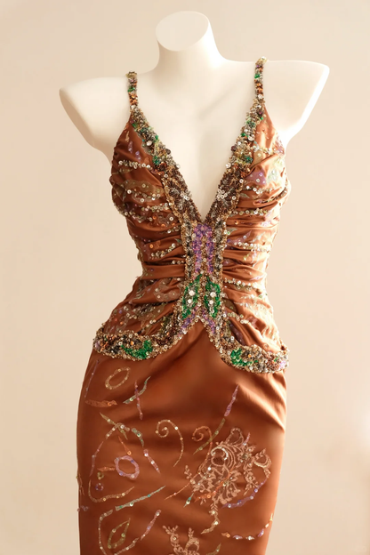 Gorgeous Spaghetti Straps Satin Sequin Beaded Midi Party Gown,Vintage Prom Dress D2730