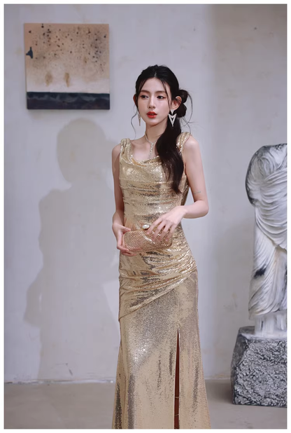 Fashion Gold Sleeveless Sequin Slit Mermaid Long Evening Dress Formal Wedding Guest Dress D2437