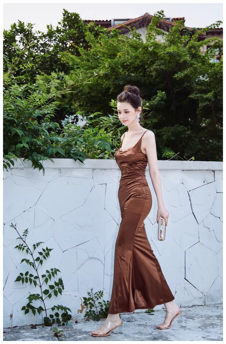 Stylish Spaghetti Straps Brown Satin Mermaid Long Evening Dress Formal Wedding Guest Dress D2449