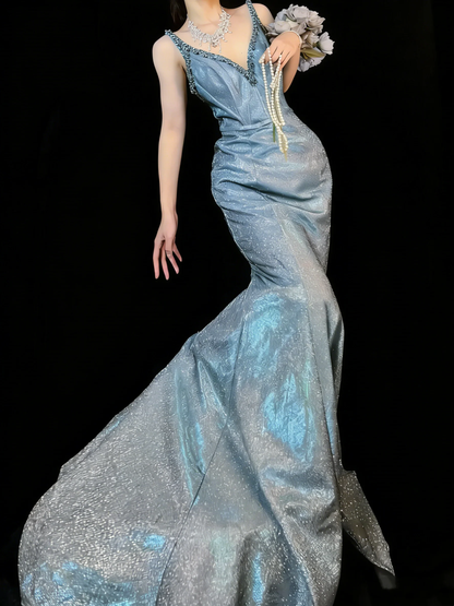 Glitter V Neckline Sequin Beaded Mermaid Party Dress Blue Long Evening Gown D4888