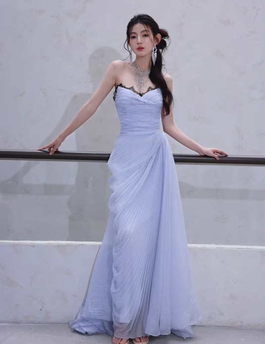 Classy Haze Blue Strapless Tulle Pleated Mermaid Long Party Dress Evening Gown D2460