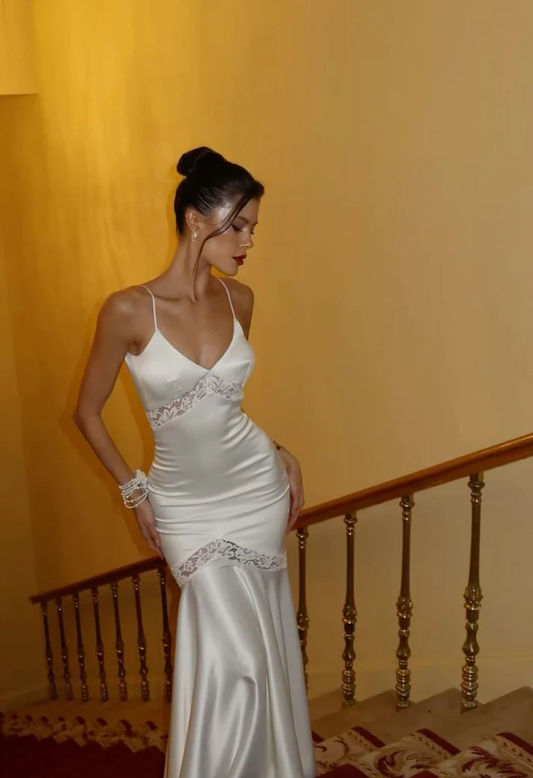 Elegant White Spaghetti Straps V Neck Satin Mermaid Long Party Dress Formal Wedding Guest Dress D1958
