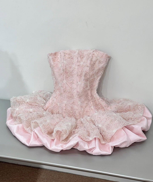 Cute Pink Strapless Lace Satin A Line Short Homecoming Dress 21st Birthday Party Dress D771