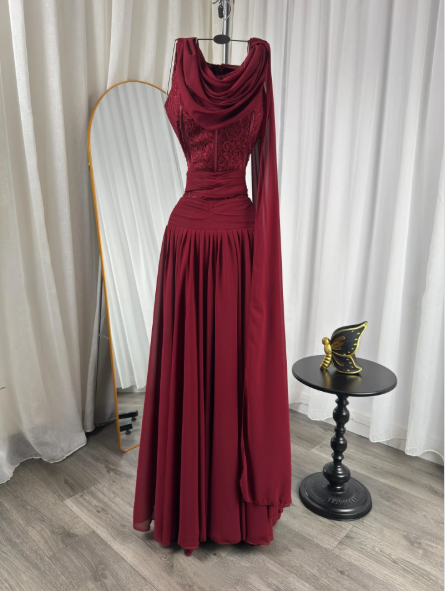 Classy Burgundy Chiffon Slit Mermaid Long Wedding Guest Dress Birthday Evening Dress D1949