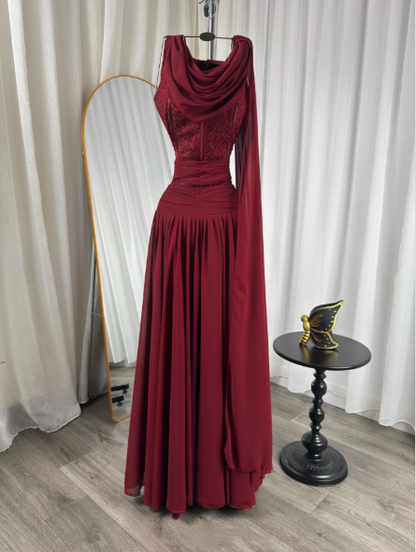 Classy Burgundy Chiffon Slit Mermaid Long Wedding Guest Dress Birthday Evening Dress D1949